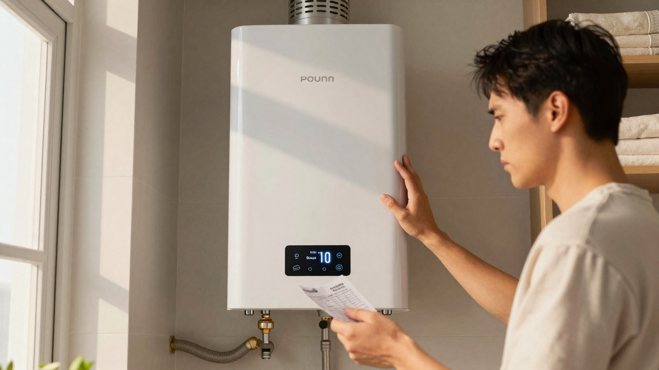 Homem verificando um aparelho de aquecimento de água branco com painel digital em ambiente interno.