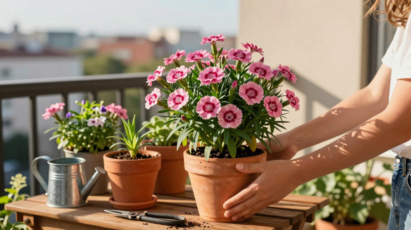 Pessoa cuidando de vaso com flores rosa em mesa de madeira em varanda ensolarada.