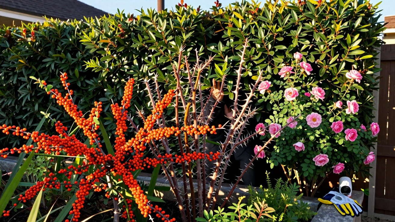 Planta com bagas vermelhas ao lado de roseira com flores rosas em jardim ensolarado.