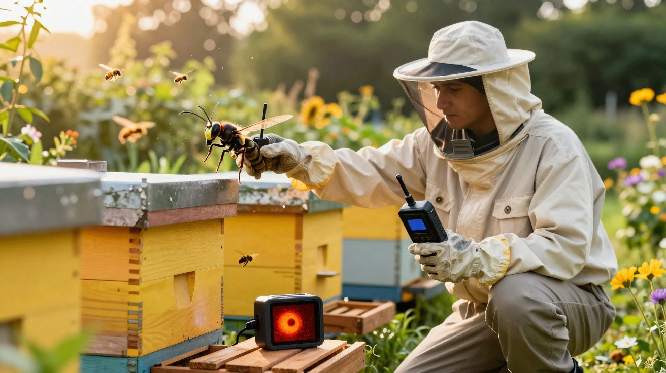 Apicultor com roupa de proteção segurando ferramenta perto de colmeias ao pôr do sol.