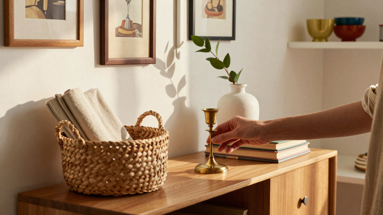 Mão ajustando castiçal dourado sobre móvel de madeira com vaso, livros e cesta trançada decorativa.