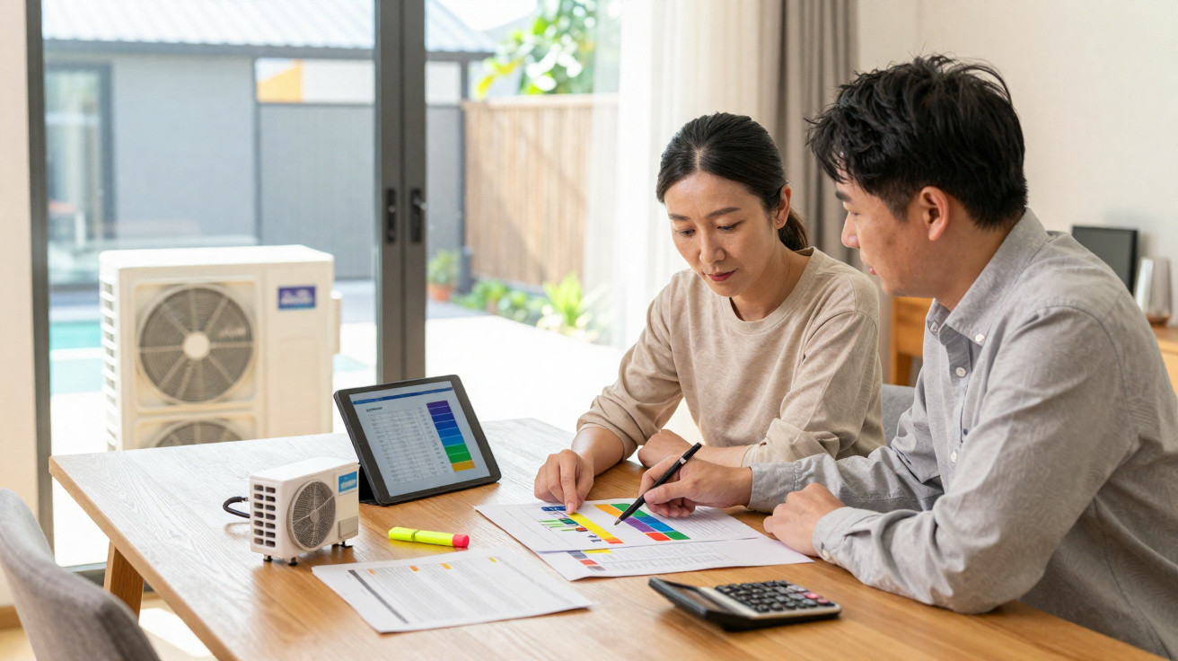 Casal analisando gráficos e planilhas com calculadora e tablet em mesa de reunião iluminada.