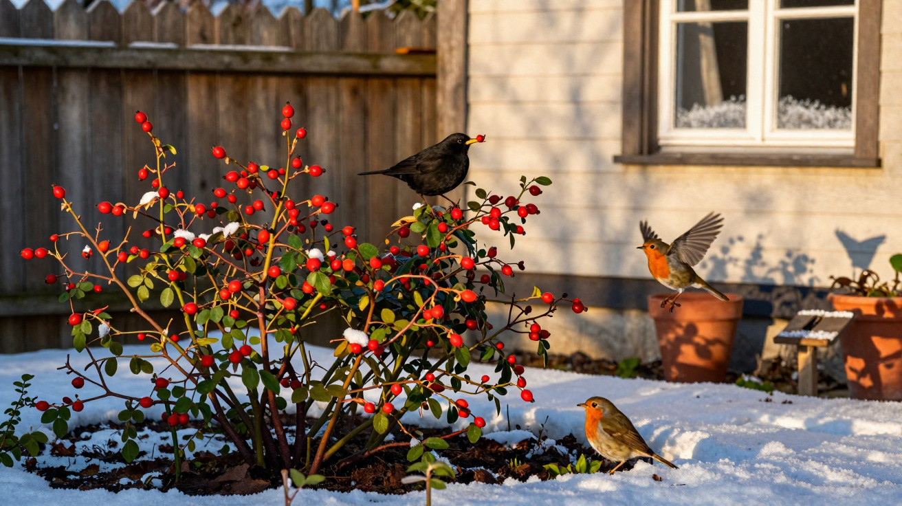 Pássaros sobre arbusto com frutos vermelhos em jardim coberto de neve ao lado de casa.
