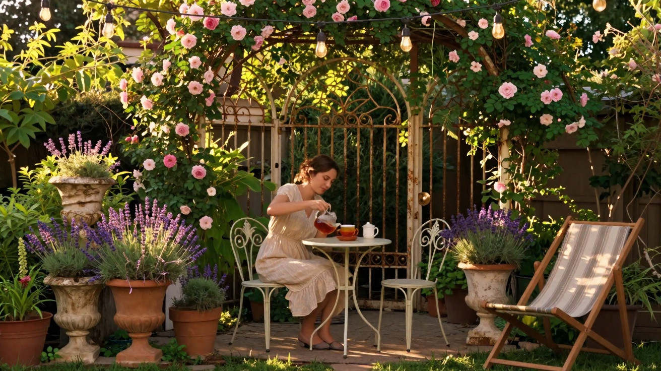 Mulher vestida de branco serve chá em mesa de ferro em jardim com flores e decoração vintage.