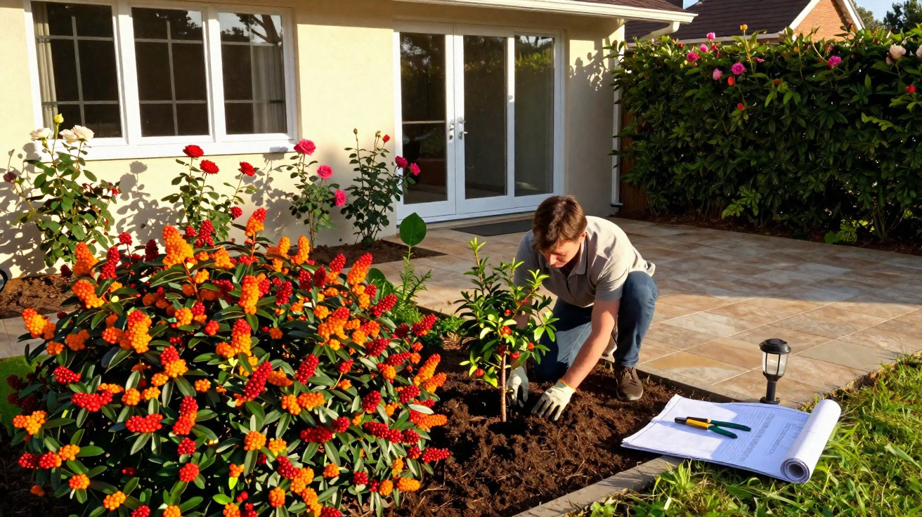 Homem plantando muda em jardim florido de casa ensolarada com ferramenta e projeto no chão.