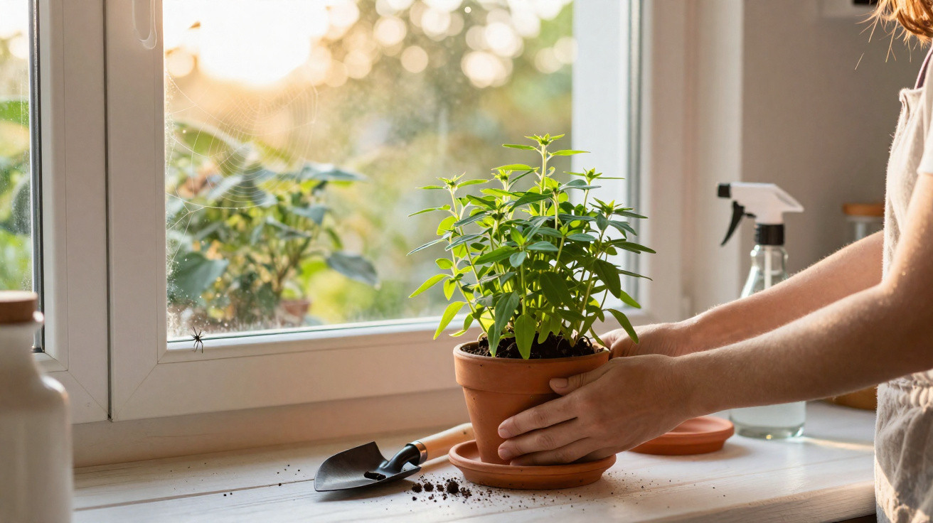 Pessoa cuidando de planta em vaso perto de janela com regador e pá de jardinagem na mesa.