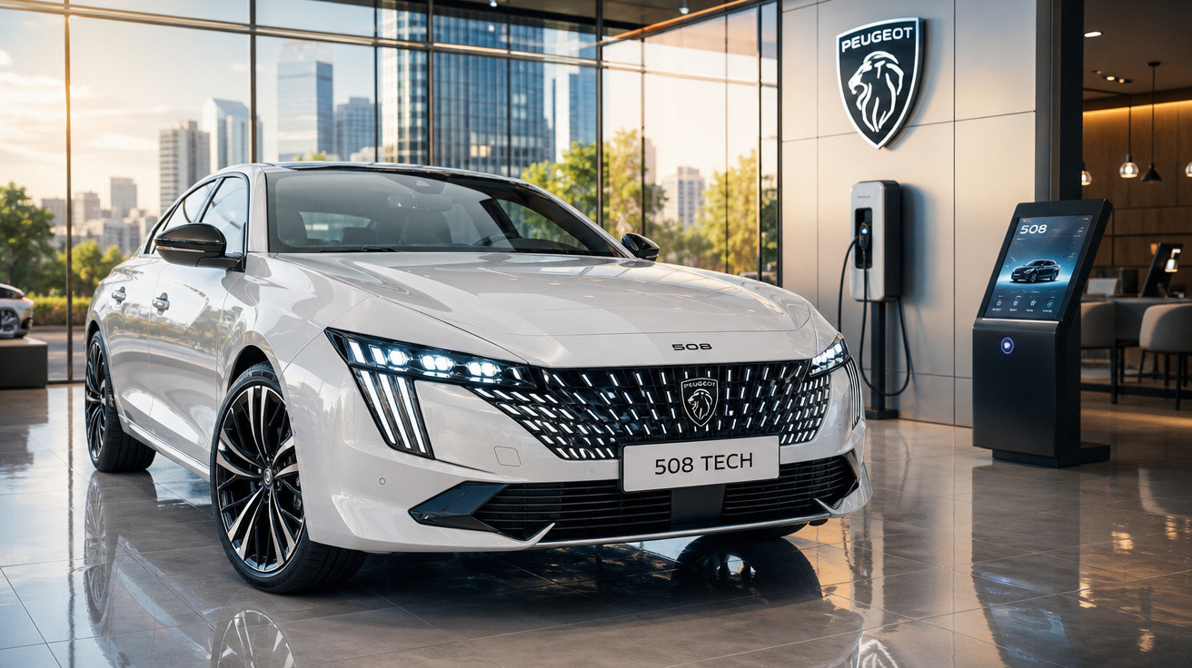 Carro Peugeot 508 Tech branco em showroom moderno com vidros grandes e cidade ao fundo.