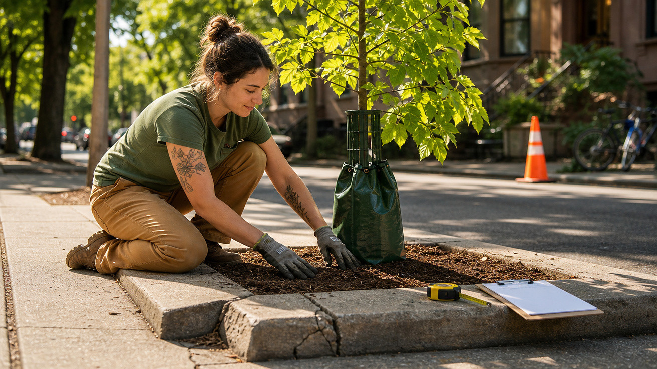 Mulher plantando árvore em calçada urbana com luvas, ao lado de uma fita métrica e prancheta.