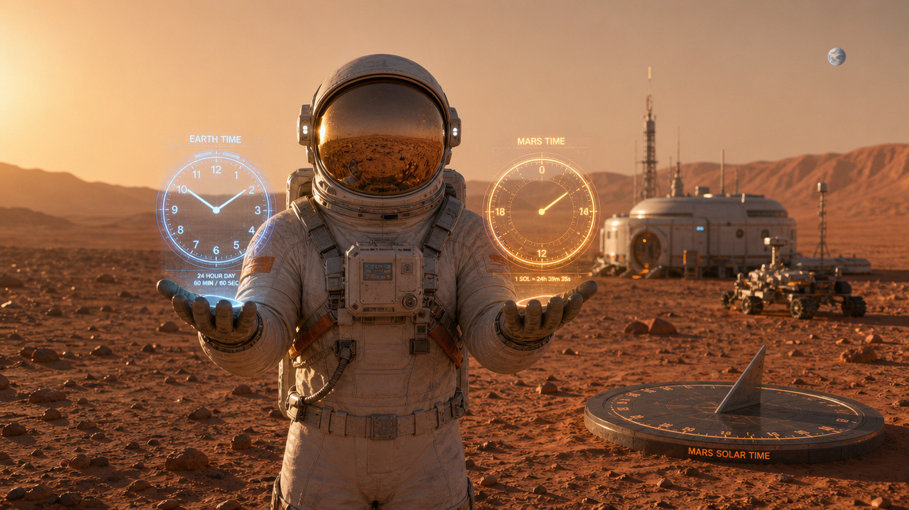 Astronauta em Marte mostrando relógios digitais de tempo terrestre e tempo marciano com base em terreno marciano.