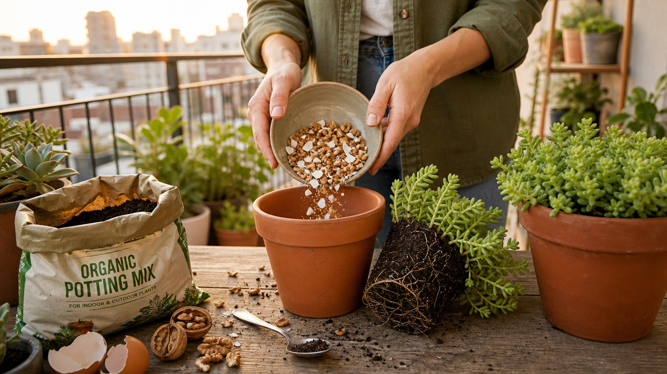 Pessoa colocando cascas de ovos trituradas em vaso de barro para jardinagem em mesa com plantas e terra ao redor.