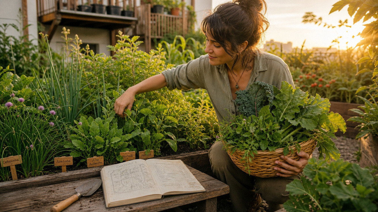 Mulher colhendo vegetais em horta urbana com cesta e livro aberto ao pôr do sol.