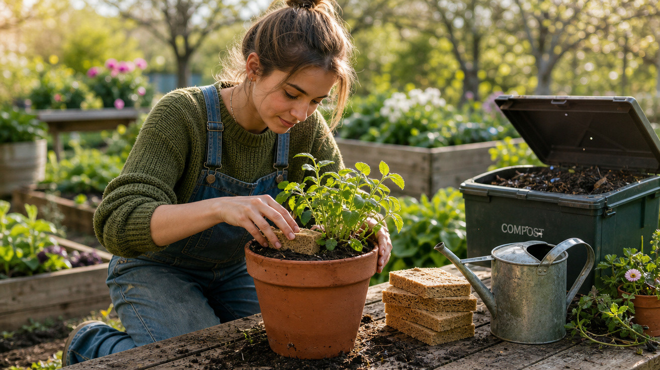 Mulher cuidando de planta em vaso de barro em jardim com regador e composteira ao lado.