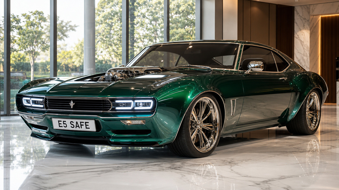 Carro esportivo clássico verde metálico com motor exposto, rodas cromadas e placa E5 SAFE em ambiente interno.