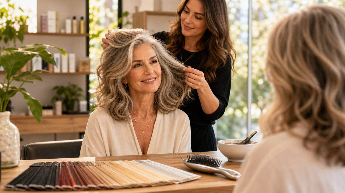Mulher sorrindo no salão de beleza enquanto cabeleireira arruma seu cabelo grisalho ondulado.