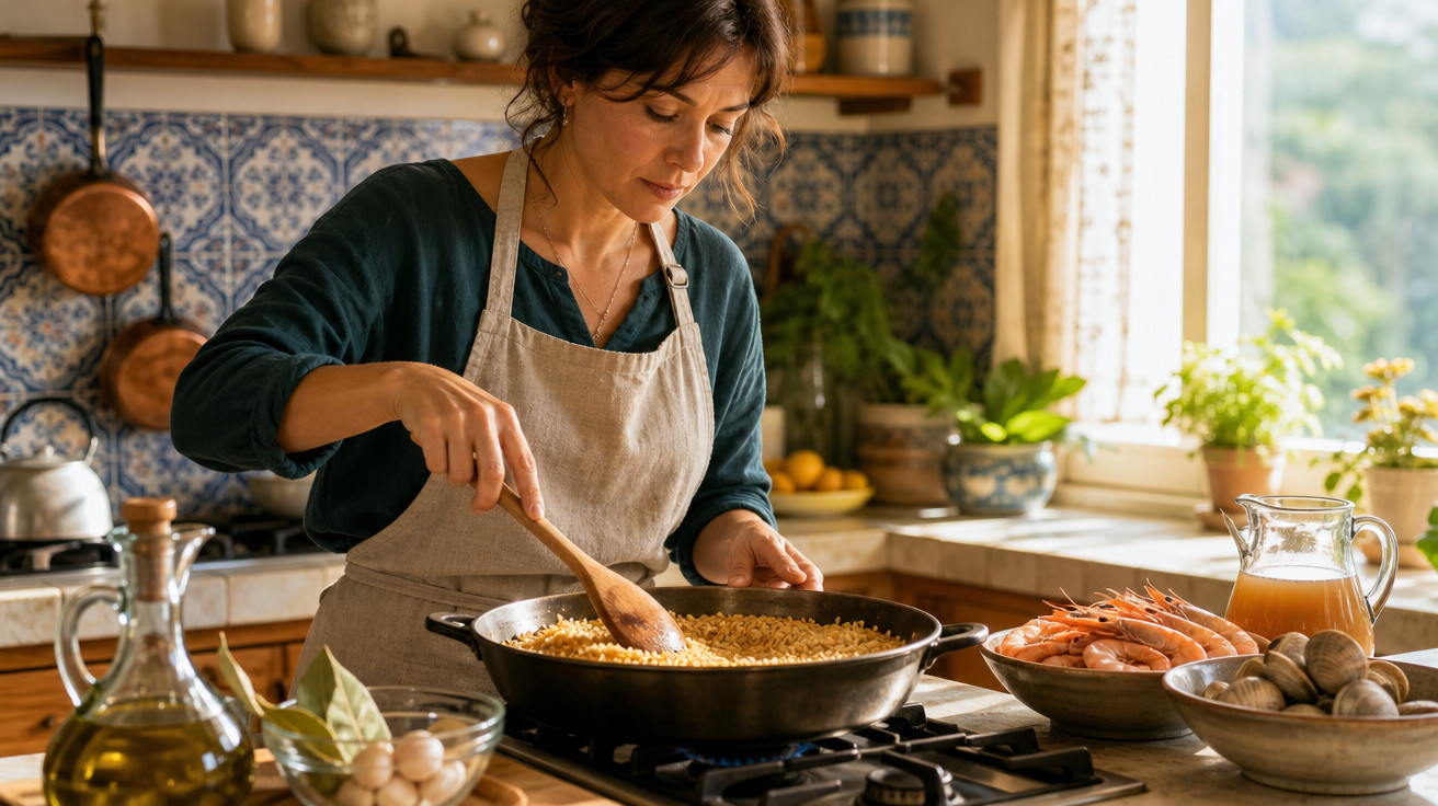 Mulher cozinhando com colher de pau, mexendo ingredientes em panela na cozinha rústica iluminada.