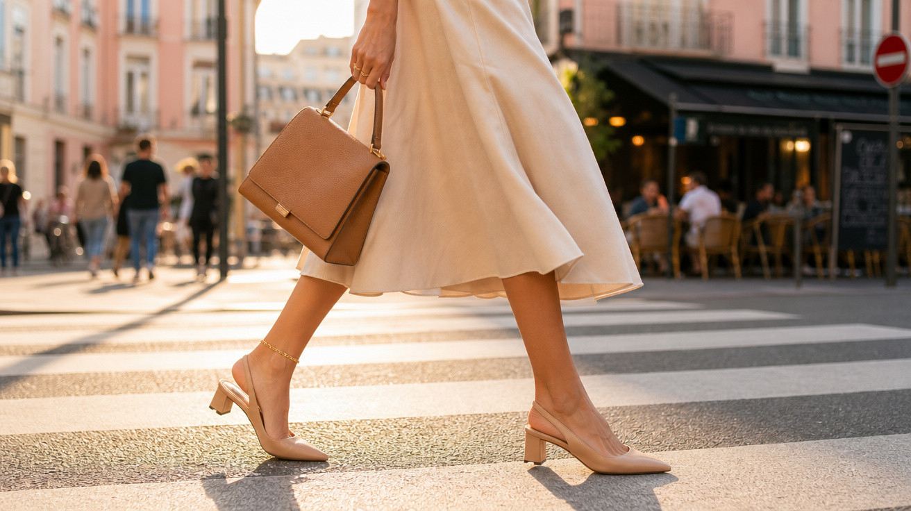 Pessoa caminhando na faixa de pedestres com vestido claro, sandálias nude e bolsa marrom em cidade.