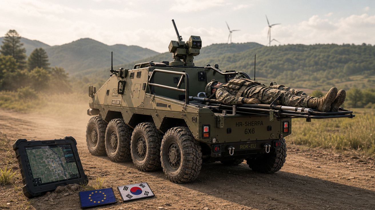 Veículo militar blindado 8x8 em terreno aberto com soldado deitado em maca na traseira e bandeiras da UE e Coreia do Sul no c