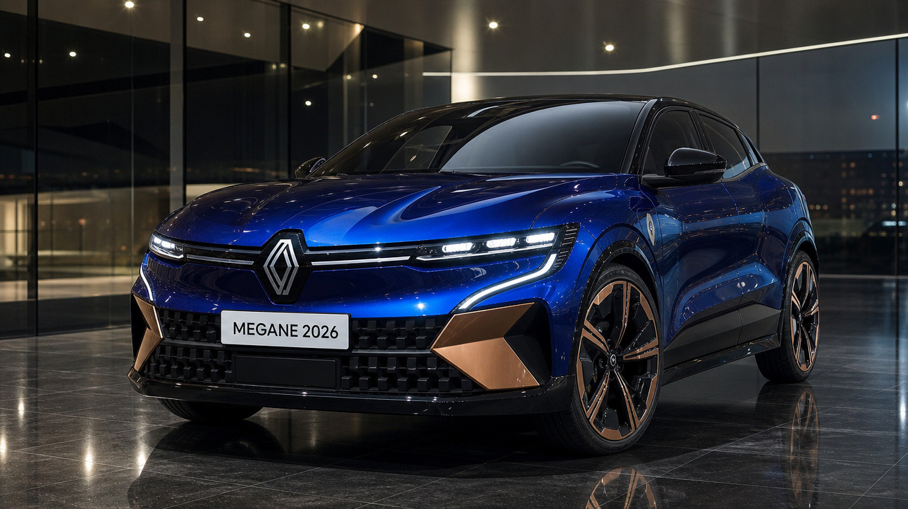 Carro Renault Megane 2026 azul com detalhes em bronze exibido em ambiente interno moderno e iluminado.
