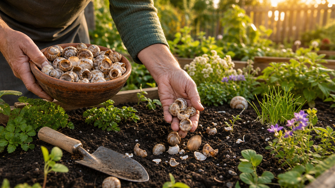 Pessoa plantando caracóis em um jardim com flores e plantas, com pá de jardinagem ao lado.