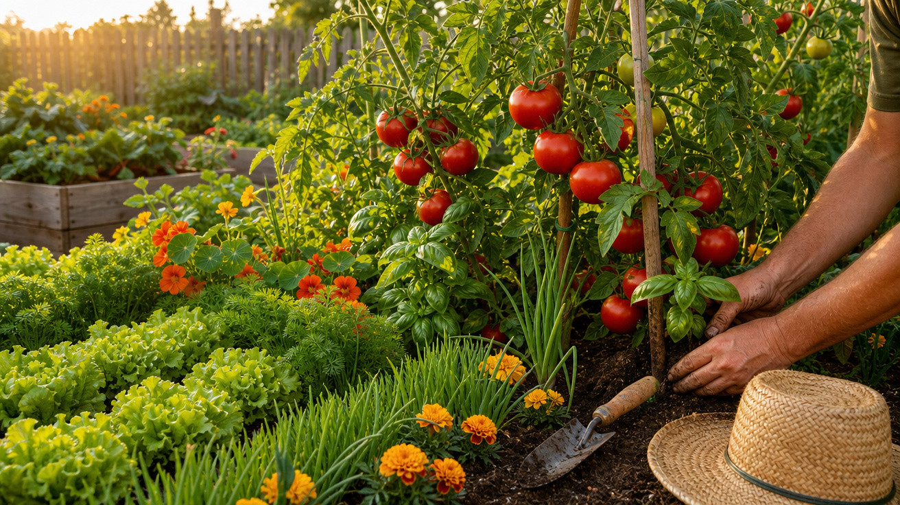 Horta com pés de tomate maduros, verduras, flores e mãos cuidando da terra ao pôr do sol.