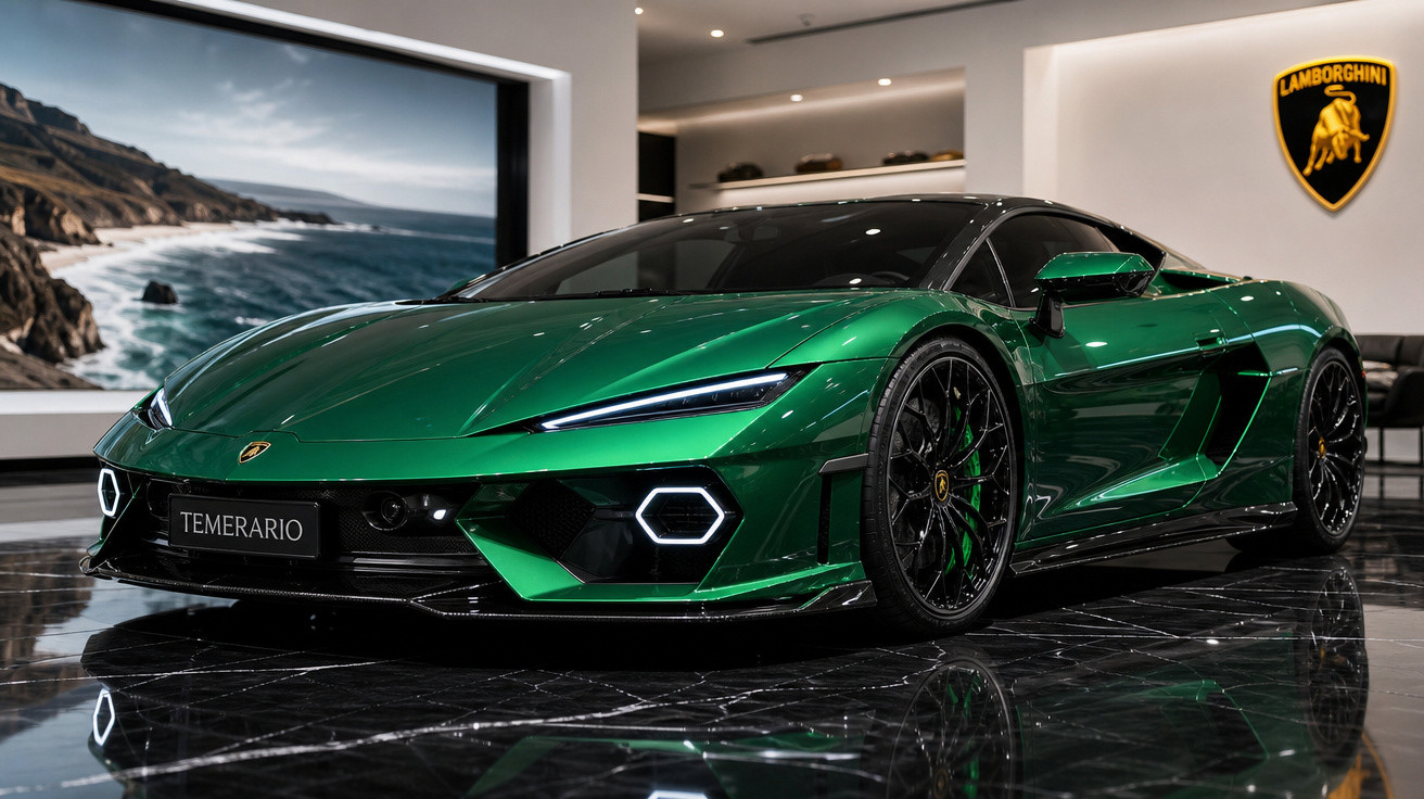 Carro esportivo Lamborghini verde metálico exibido em showroom com piso preto brilhante.