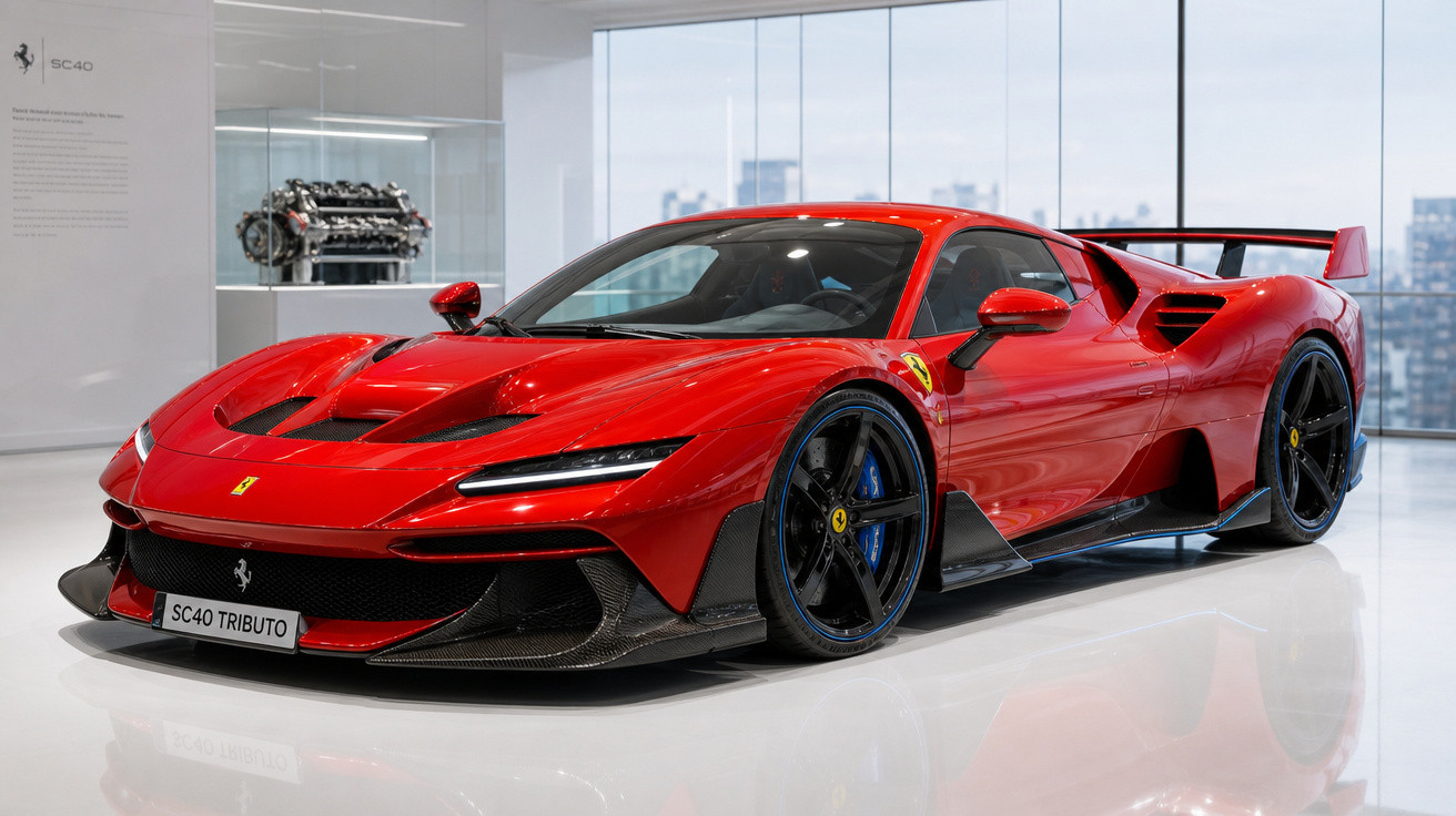 Carro esportivo vermelho Ferrari SC40 Tributo em exposição moderna com janelas grandes ao fundo.