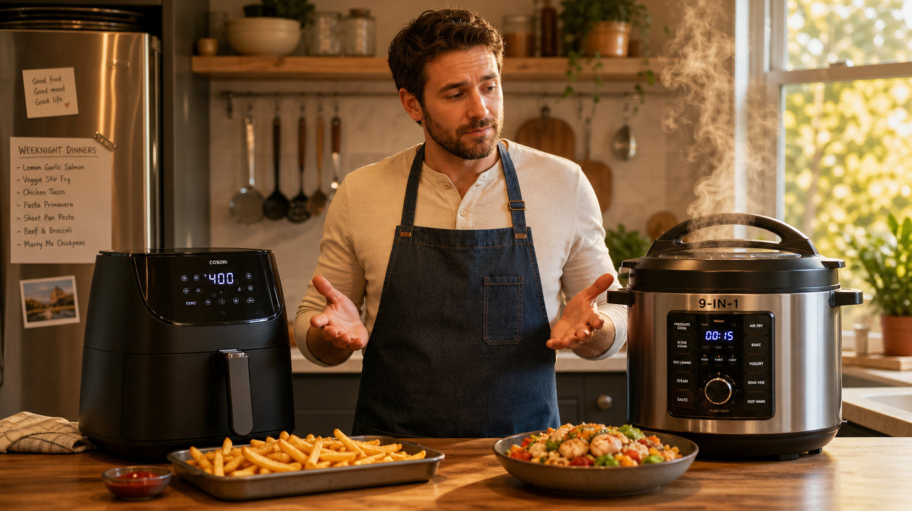 Homem na cozinha comparando batatas fritas na airfryer com prato de comida ao lado de panela elétrica.