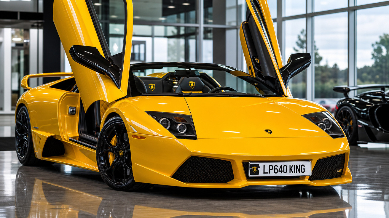 Carro esportivo Lamborghini amarelo com portas abertas estilo tesoura em showroom moderno.