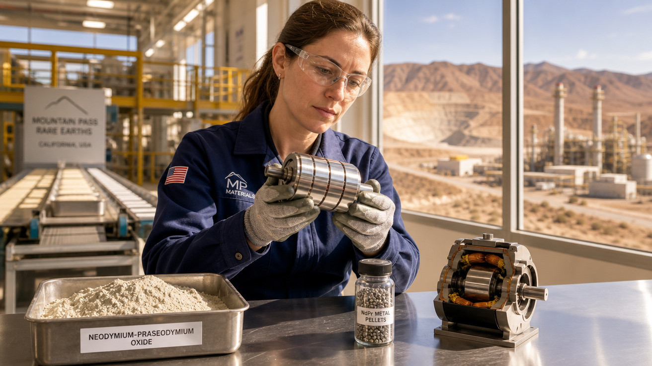 Mulher com óculos de proteção analisa componente metálico em laboratório com vista para área industrial no deserto.