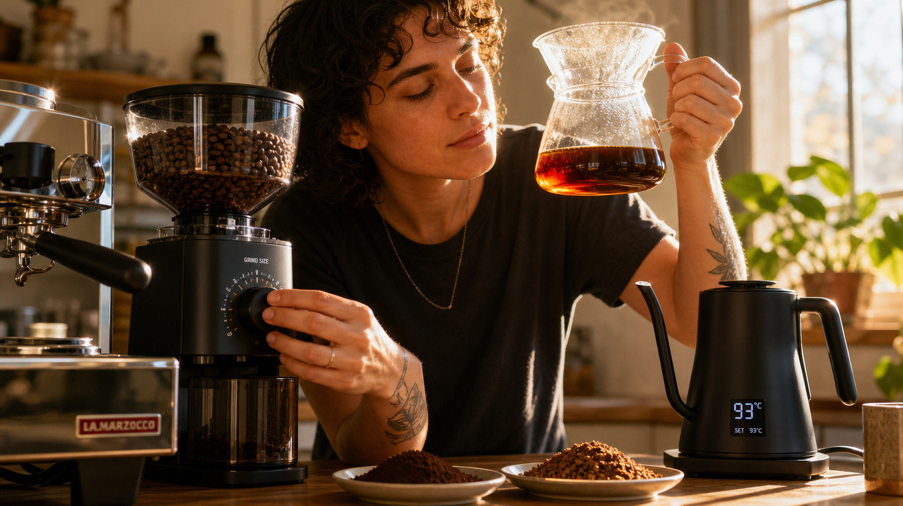 Pessoa ajusta moedor de café enquanto segura jarra com café coado em ambiente com luz natural.