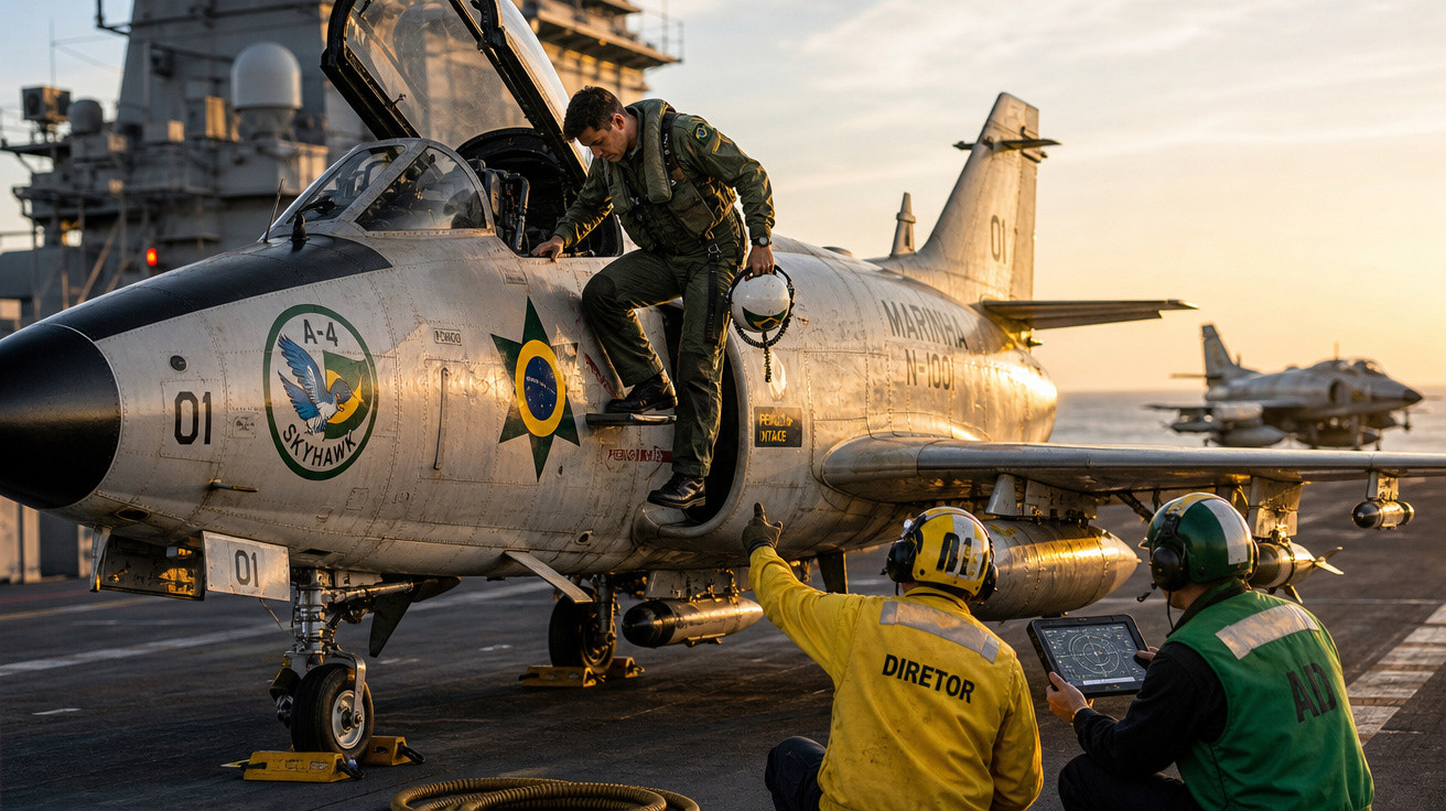 Militar da Marinha do Brasil saindo de caça A-4 Skyhawk sobre porta-aviões ao entardecer.