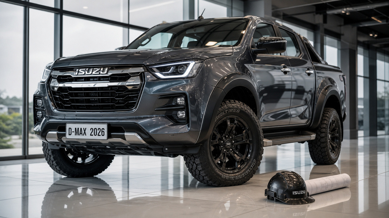 Picape Isuzu D-Max 2026 cinza exibida em showroom moderno com capacete e planta ao lado.