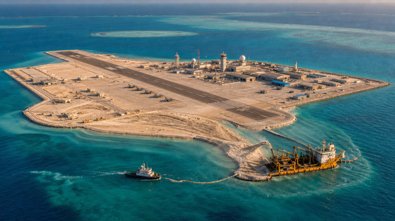 Ilha artificial com pista de pouso, navio e rebocador no mar de águas azuis claras.