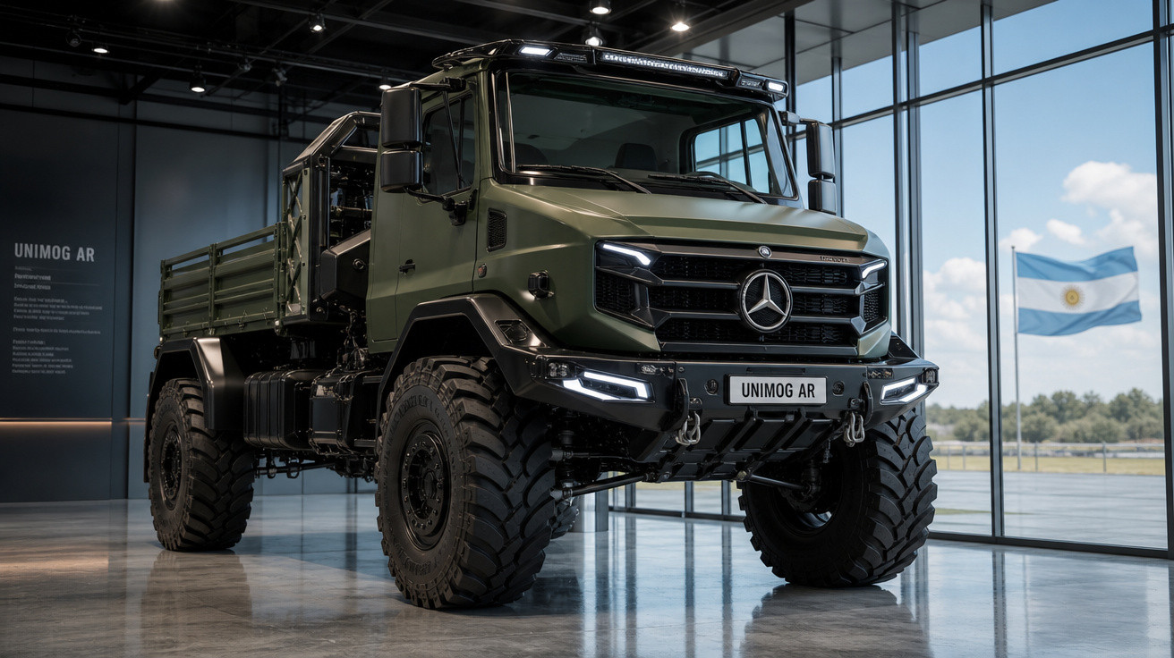 Caminhão militar Mercedes-Benz Unimog AR verde, exposto em showroom com bandeira da Argentina ao fundo.