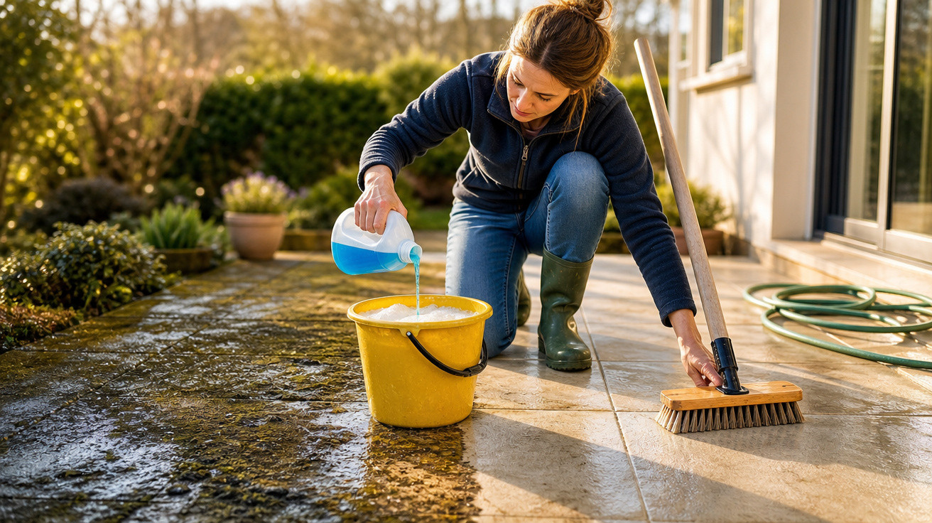Mulher com botas verdes preparando balde com detergente para lavar área externa da casa com vassoura.