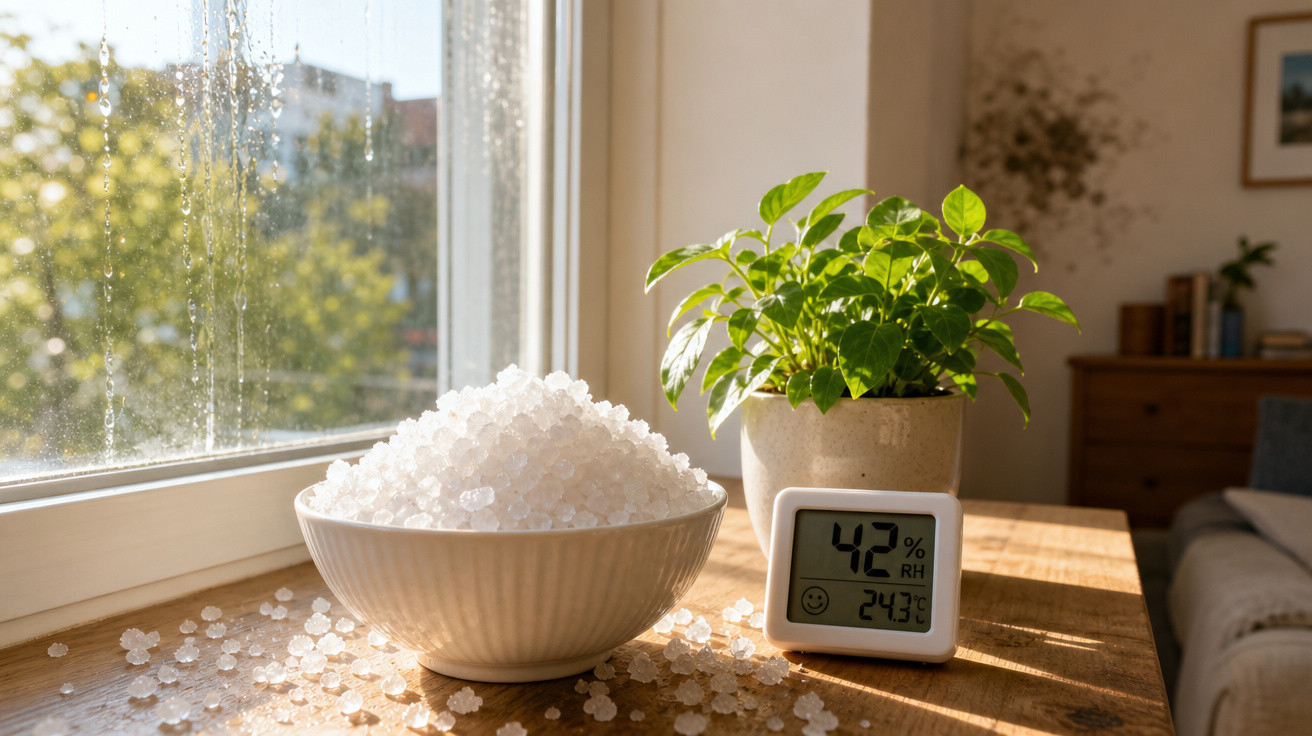 Bacia com cristais brancos, um vaso com planta verde e um medidor digital de umidade e temperatura.