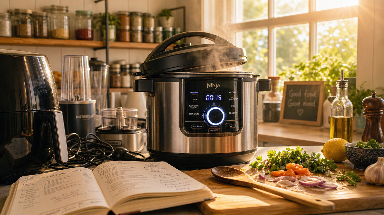 Panela elétrica de pressão Ninja cozinhando com vapor, livro de receitas aberto, legumes e ervas frescas na bancada.