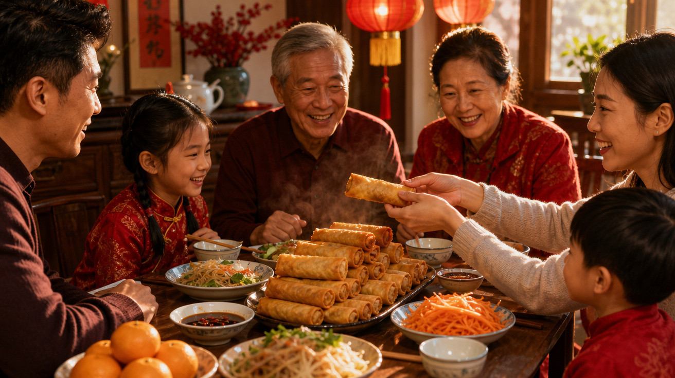 Família asiática feliz compartilhando rolinhos primavera em mesa com comida tradicional chinesa.
