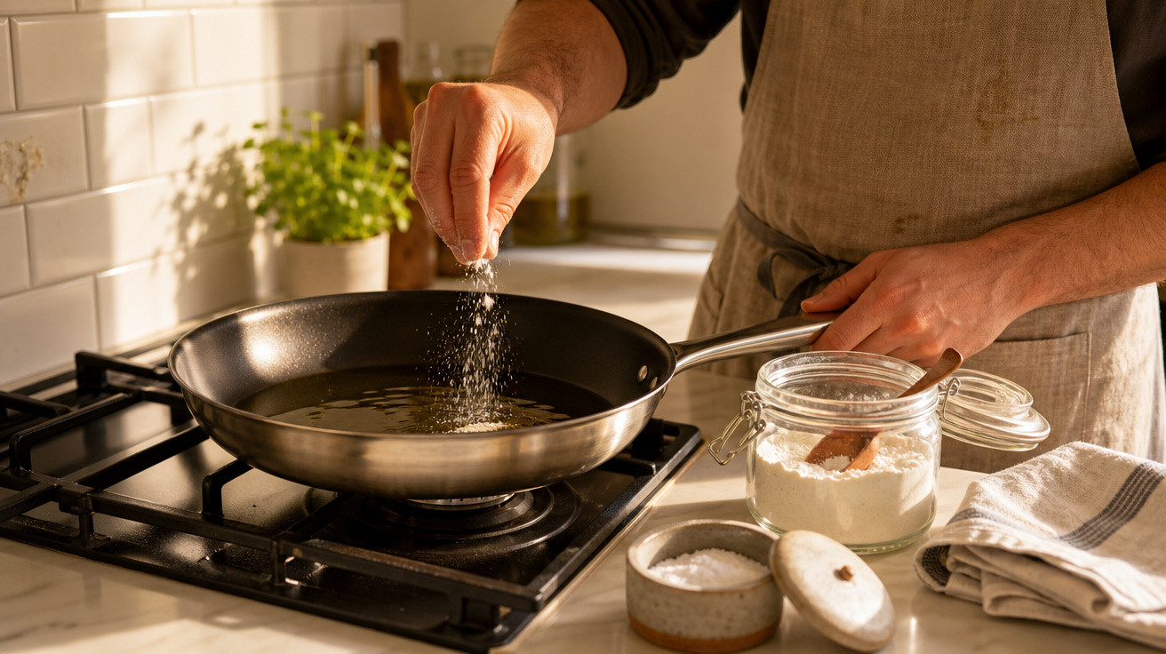 Pessoa temperando com sal uma frigideira com óleo em fogão na cozinha caseira iluminada.