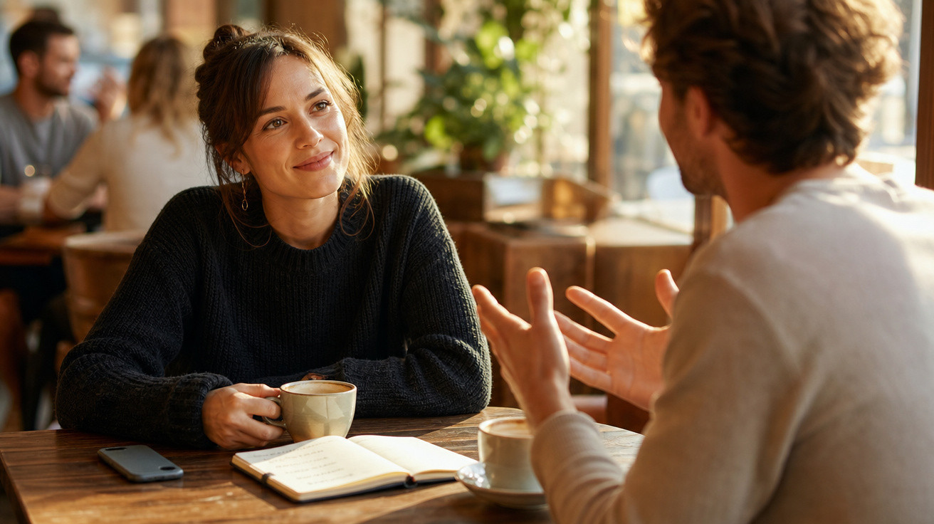 Mulher sorrindo e segurando uma xícara de café enquanto conversa com homem em cafeteria iluminada.