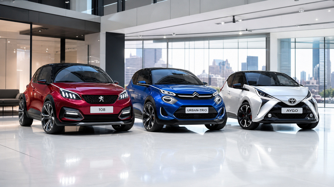 Três carros compactos modernos em exibição numa sala ampla com janelas grandes e vista urbana.