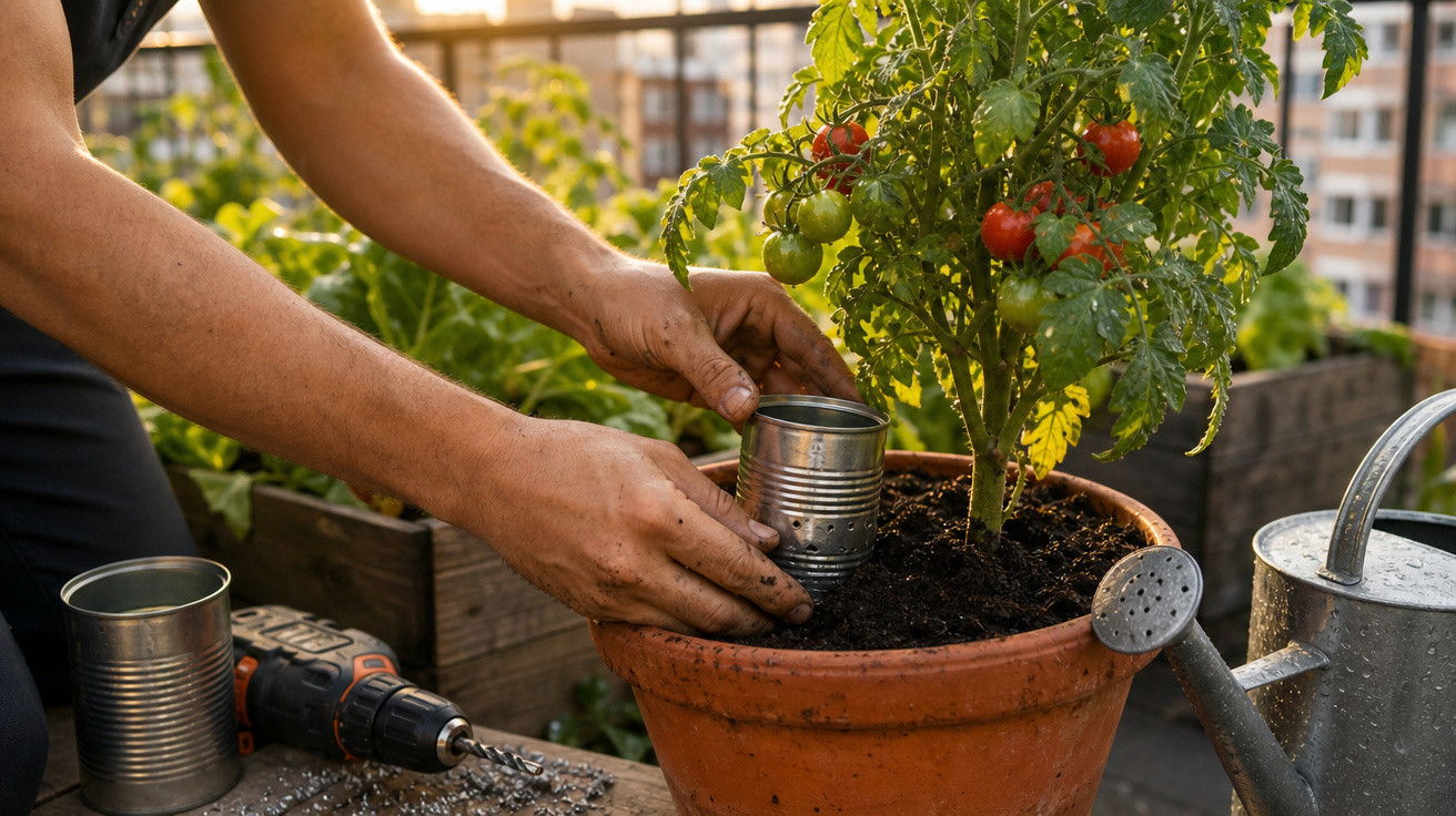 Pessoa plantando mudas de tomate em vaso de barro em horta urbana com regador e ferramenta ao lado.