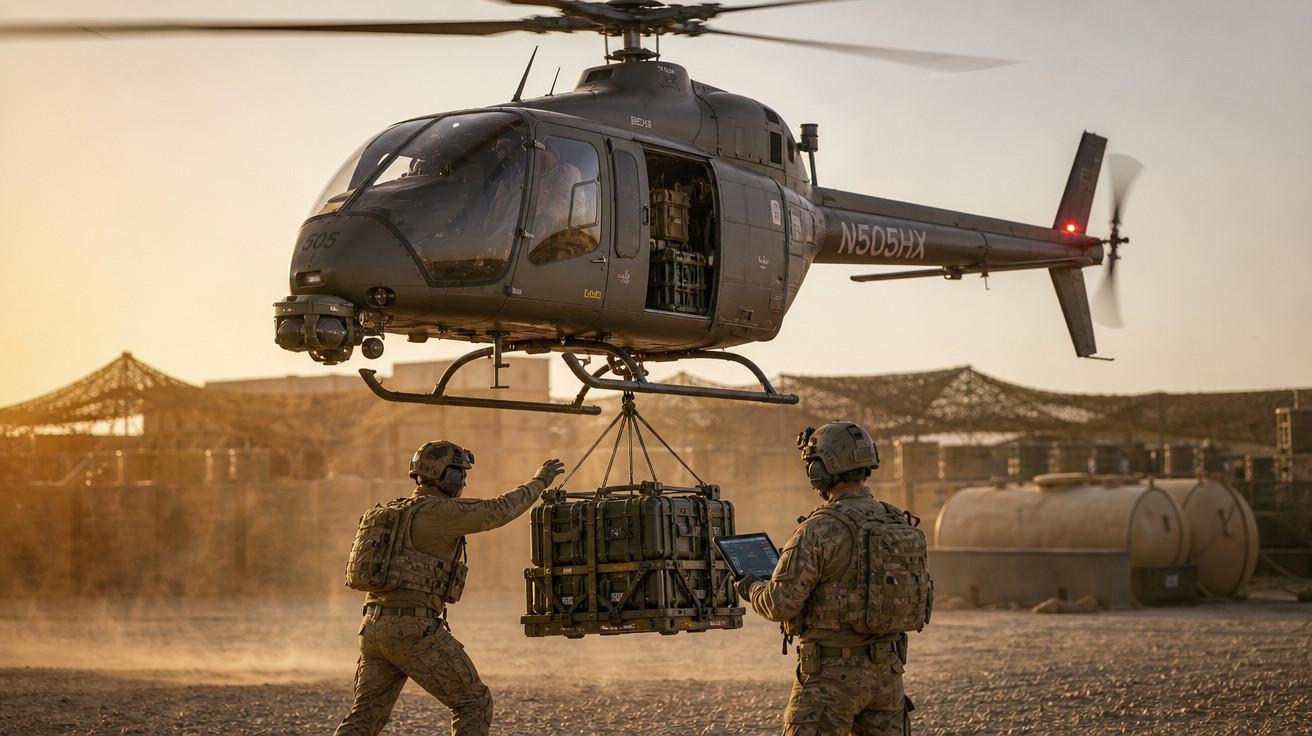 Helicóptero militar transportando equipamento enquanto soldados coordenam a operação ao pôr do sol.