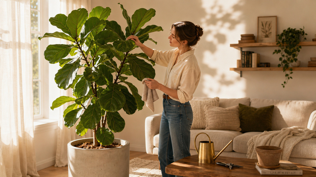 Mulher cuidando de planta grande em vaso dentro de sala iluminada pela luz do sol.