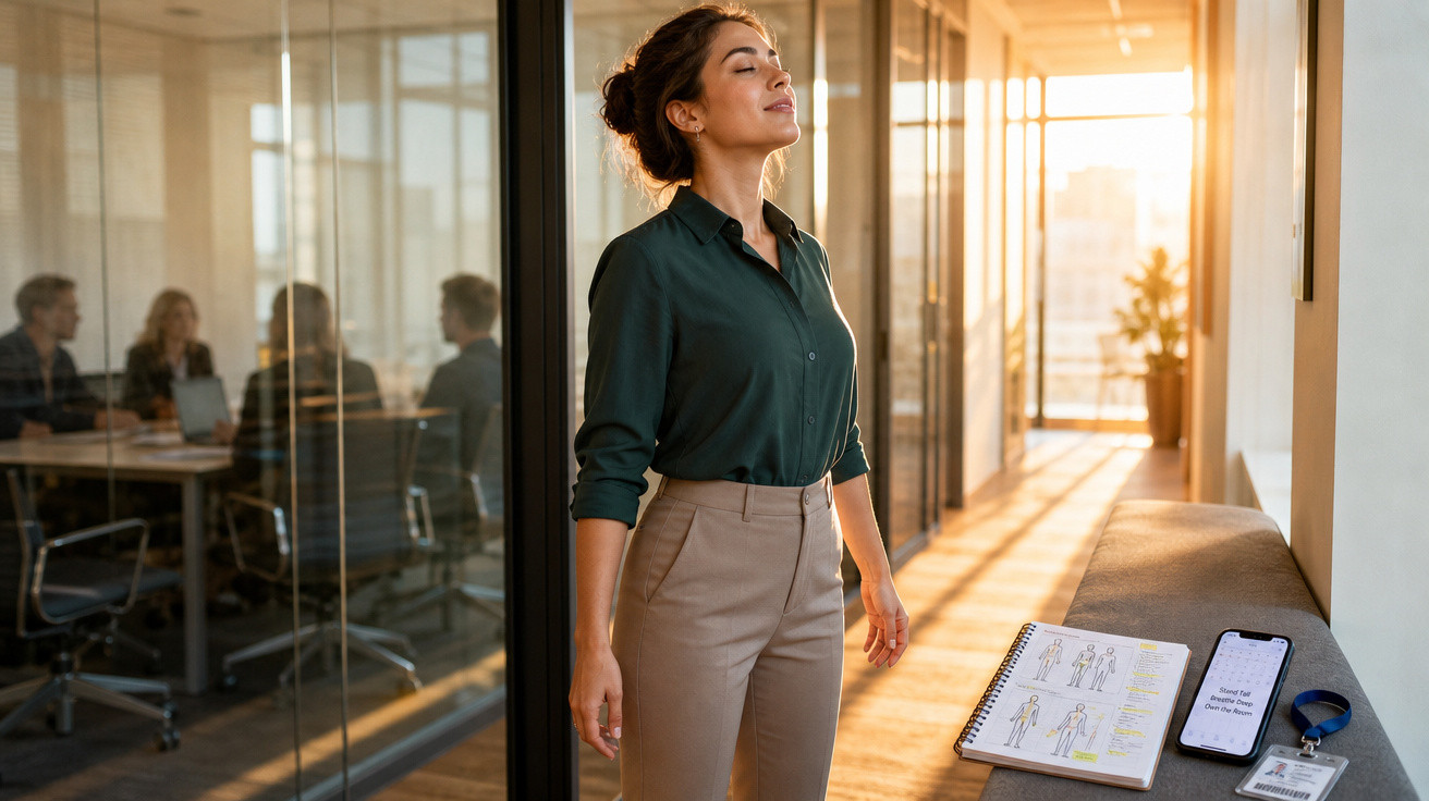 Mulher em ambiente de escritório aproveita momento de pausa, olhos fechados e expressão serena.
