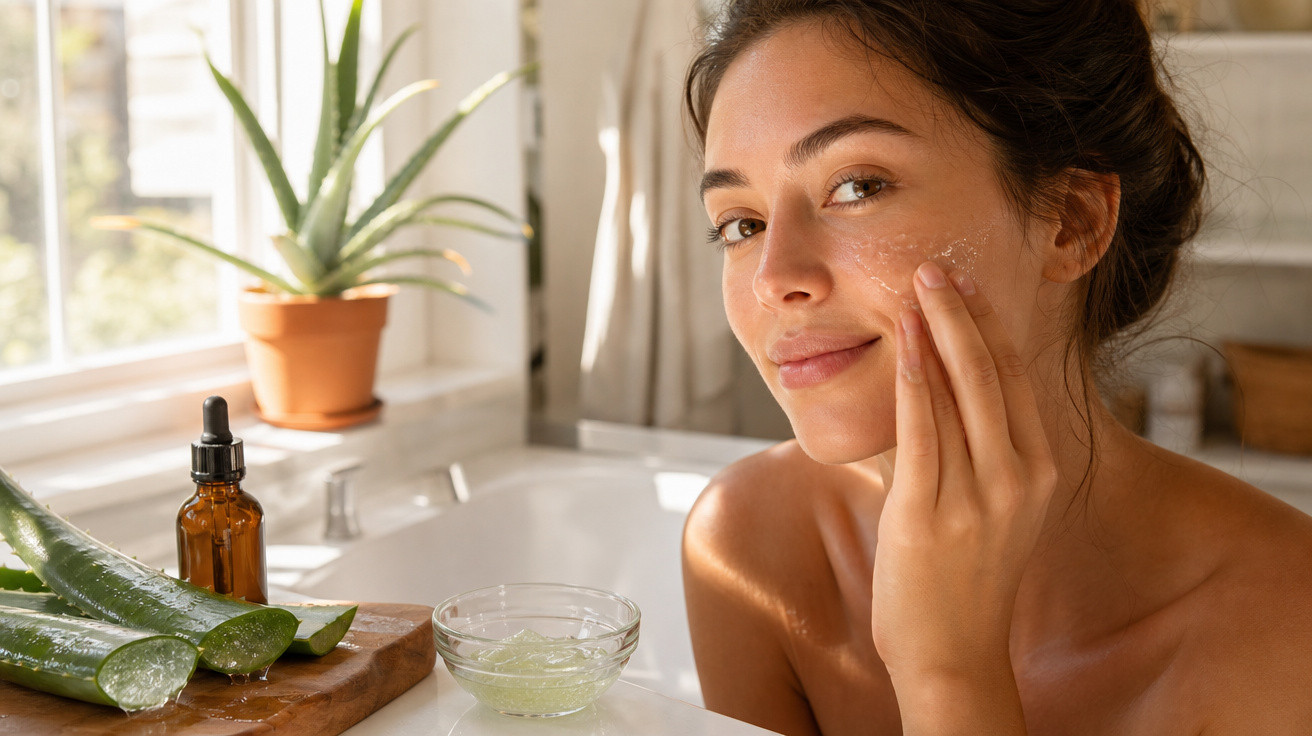 Mulher aplicando esfoliante facial caseiro com aloe vera no rosto em ambiente iluminado.