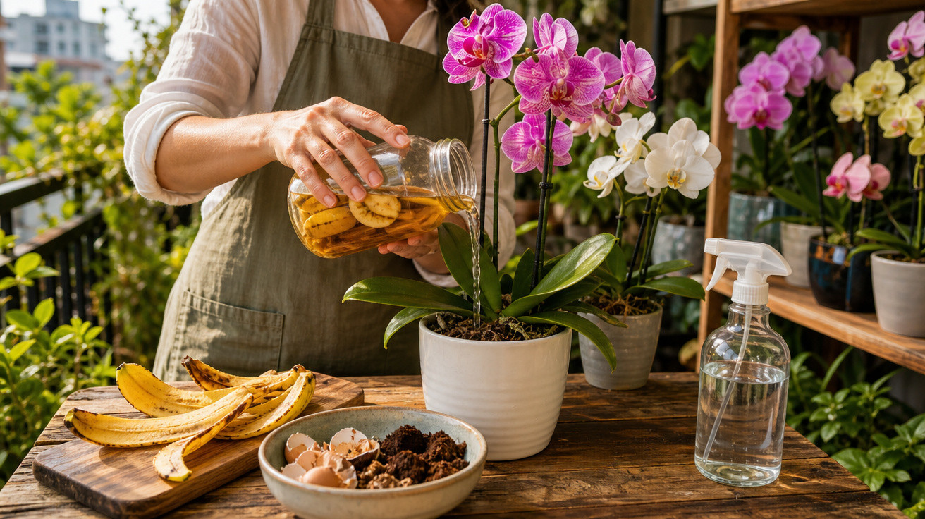 Pessoa regando orquídea com mistura caseira de casca de banana em vaso branco, em área com várias plantas.