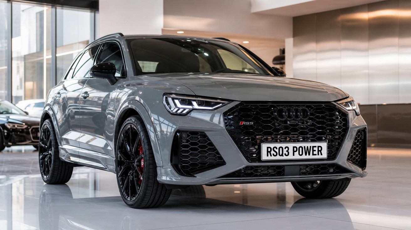 Carro SUV Audi RSQ3 cinza exposto em showroom com rodas pretas e detalhes esportivos.