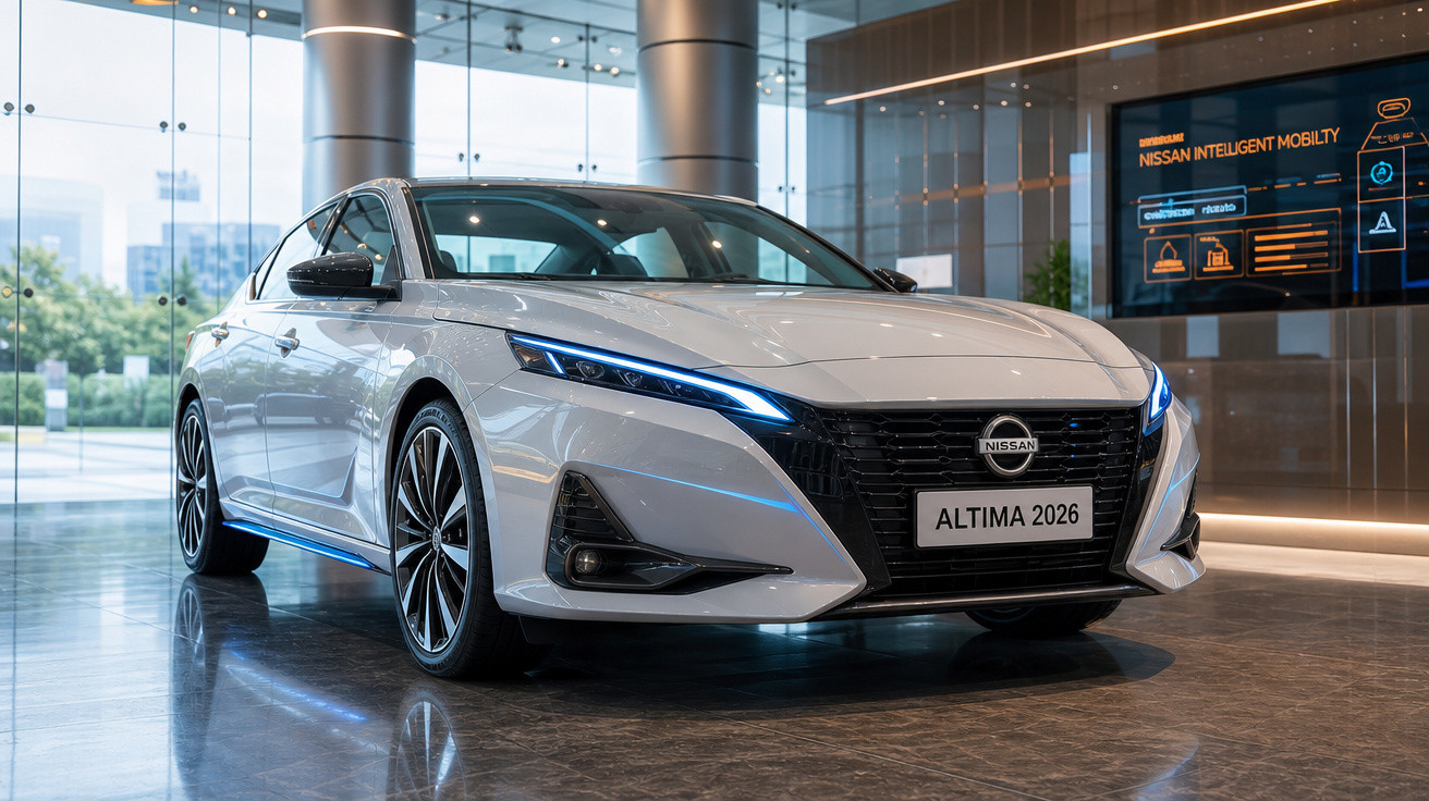 Carro sedã branco Nissan Altima 2026 exibido em showroom moderno com iluminação azul e piso refletivo.