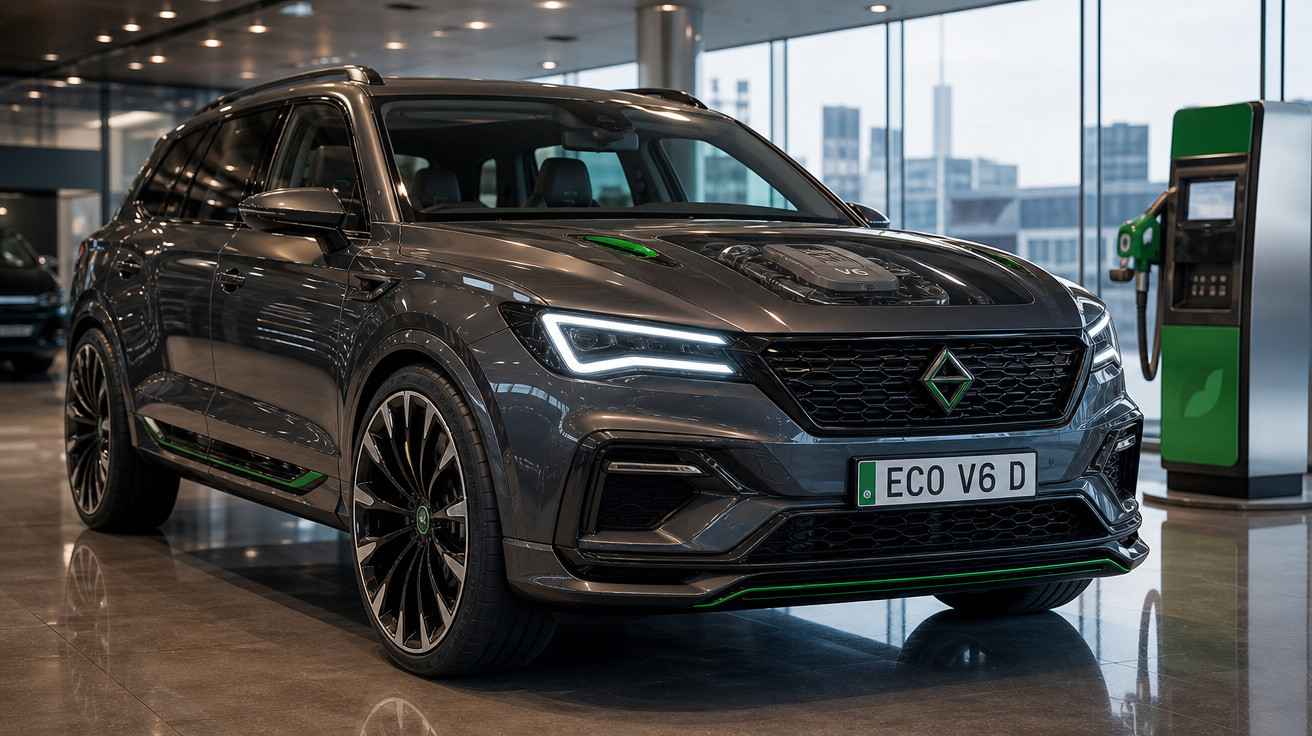SUV elétrico cinza escuro estacionado em ambiente interno, próximo a bomba de recarga verde.